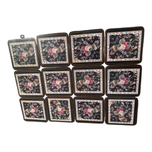 1940s Rare 36-Piece Pimpernel Black Botanical Floral Lacquer & Cork-Backed Placemats & Coasters, England
