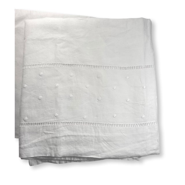 Antique French Trousseau Linen Sheet Embroidered Dots Ladder Work White Linen Bed Sheet Circa 1920 the Paris Apartment For Sale - Image 9 of 11