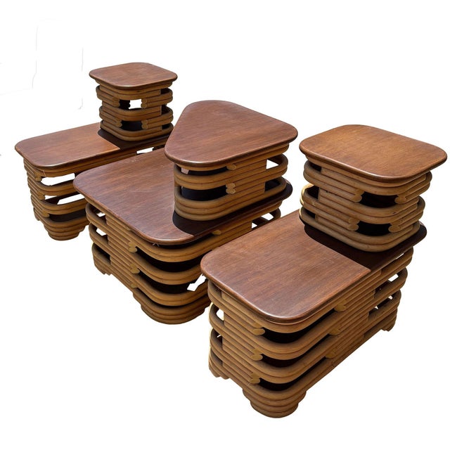 1950s Mid-Century Two-Tier Stacked Rattan & Mahogany Costal Side & Corner Table Set of 3 For Sale - Image 10 of 10