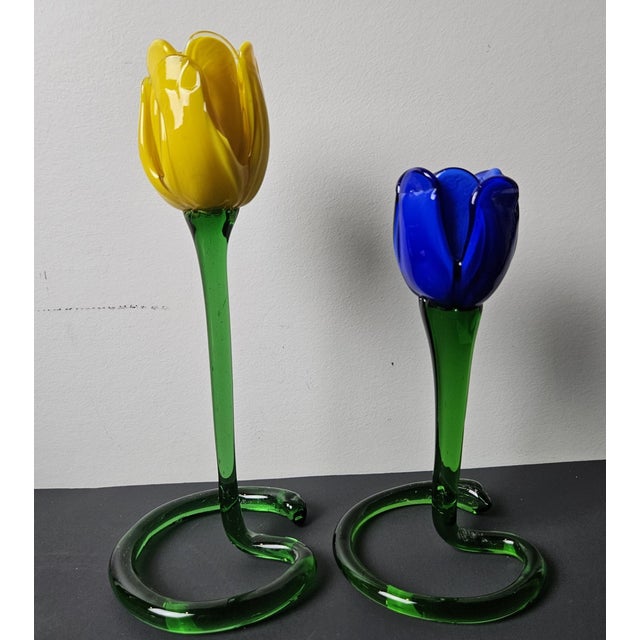 1990s Vintage MCM Murano Style HandBlown Yellow &Colbalt Blue Tulips Figurine-Set of 2 For Sale - Image 5 of 6