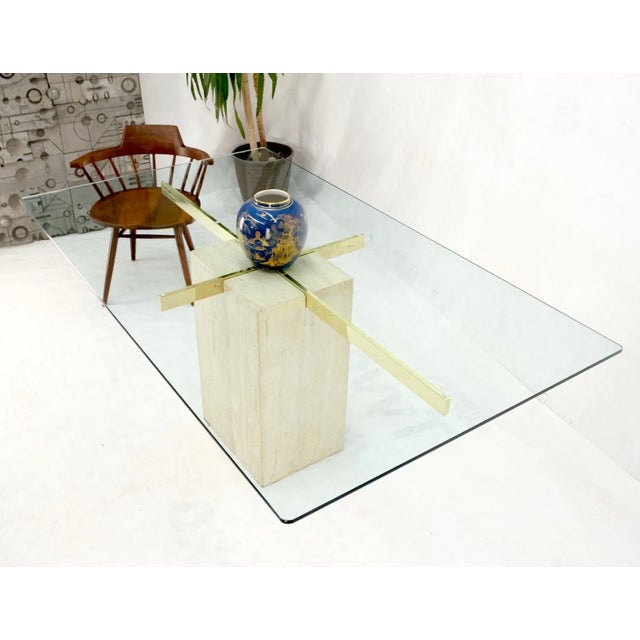 Mid 20th Century Italian Single Travertine Pedestal Glass Top Dining Conference Table For Sale - Image 5 of 13