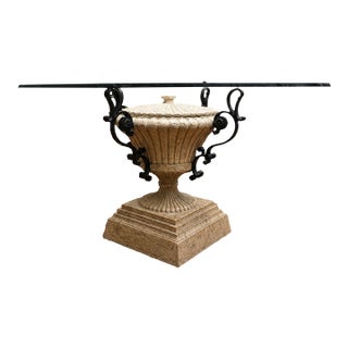 Late 20th Century Neoclassical Stone & Metal Urn Pedestal Glass Dining Table, 60" For Sale