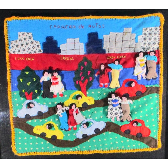 Appliqué Folk Art Peru Arpillera soft sculpture textile in a lucite display case. Peruvian folk art of original designs...