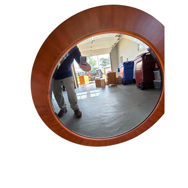 Wood Ethan Allen Avenue Collection Round Cherry Wood Beveled Wall Mirror Console For Sale - Image 7 of 11