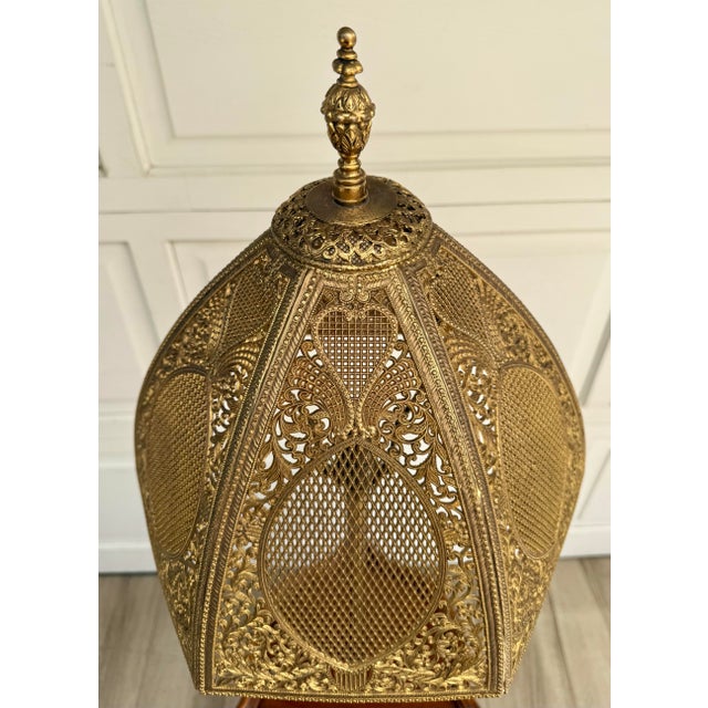 Mid 20th Century Tiered Wood Floor Lamp With Ornate Gold Filigree Shade For Sale - Image 4 of 12