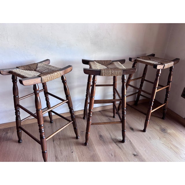 Set of 3 Mid Century Bar Stools Primitive Craft Movement Turned Walnut Bobbin Spindle Legs and Danish Cording Woven Seats For Sale - Image 13 of 13