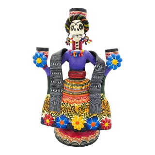 Alfonso Castillo Orta Frida Kahlo Day of the Dead Mexico Folk Pottery Candelabra For Sale