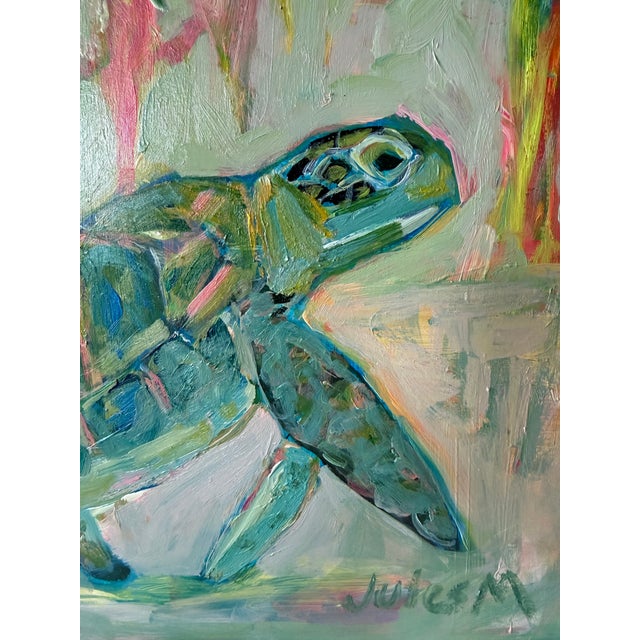 Wonderful Sea Turtle in lustrous water with fish and coral. Oil on cradled board. Loose brush strokes visible. Signed and...