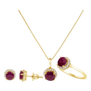 10K Yellow Gold Red Ruby and 3/8 Cttw Diamond Halo Jewelry Set (Earrings, Pendant & Ring) For Sale
