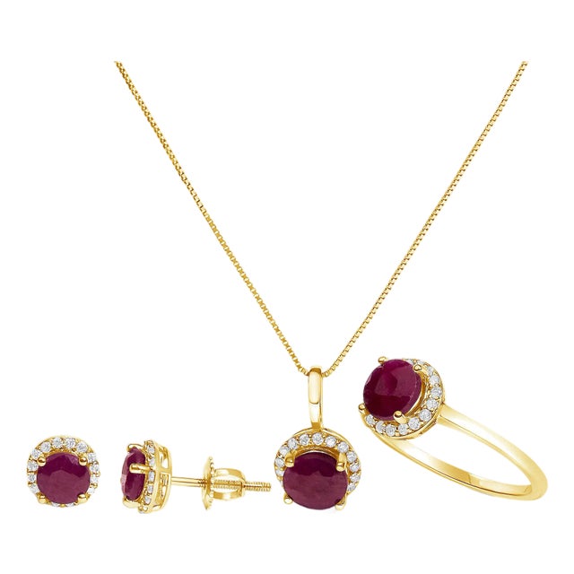 10K Yellow Gold Red Ruby and 3/8 Cttw Diamond Halo Jewelry Set (Earrings, Pendant & Ring) For Sale