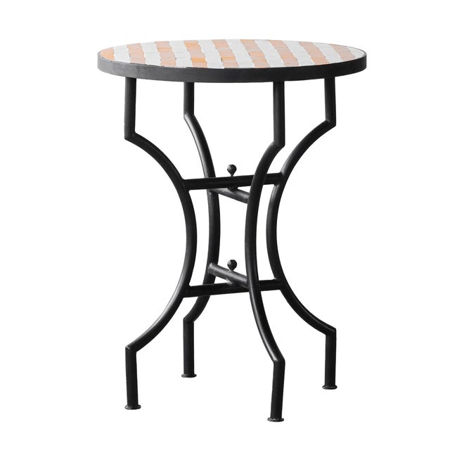 Moroccan Matthew Izzo Home Moroccan Zellige Yellow and White Striped Tile and Iron X Base 24" Round Bistro Table For Sale - Image 3 of 3