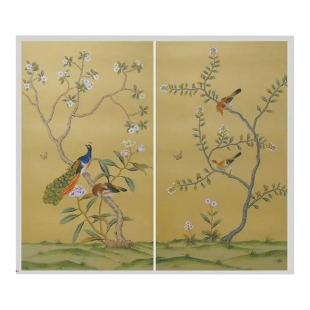 Gold Chinoiserie Garden Mural | 2-Panel Hand-Painted Floral Bird Art Set For Sale