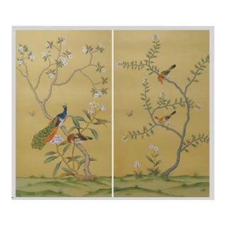 Hand-Painted Chinoiserie Bird & Blossom Mural Panels | Warm Gold Botanical Wall Art Set of 2 For Sale