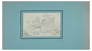 Georges Jean Aubry, Couple in the Park, Original Drawing, 19th-Century
