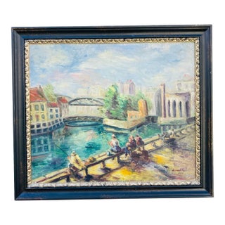 Paris Mid Century Oil Painting Le Canal Signed Durand Louis For Sale