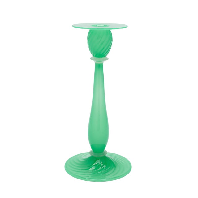 A single Frederick Carder-era Steuben blown glass candlestick in jade green with alabaster accents, made in Corning, New...