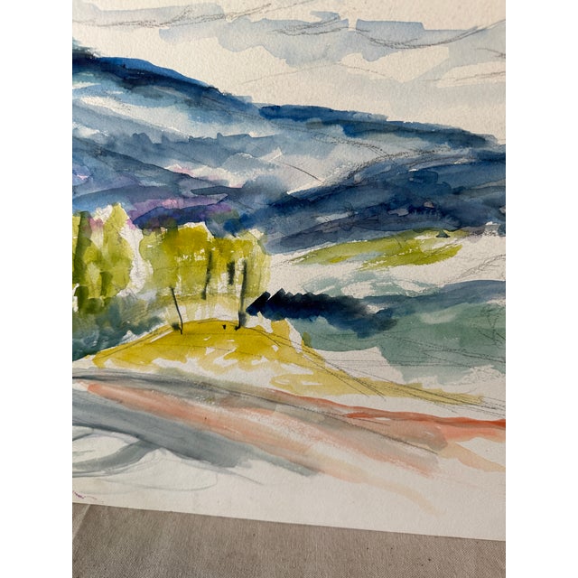 Vintage Landscape Watercolor Painting of Trees and Mountains For Sale - Image 10 of 10