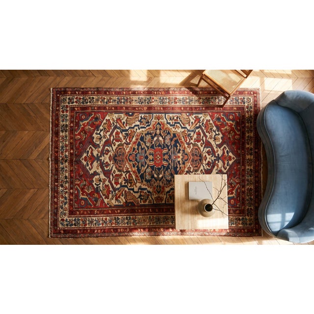 1920s Ivory Red Medallion Antique Persian Bakhtiari Rug 4'6" X 7'2" Handknotted Wool Carpet For Sale - Image 9 of 9