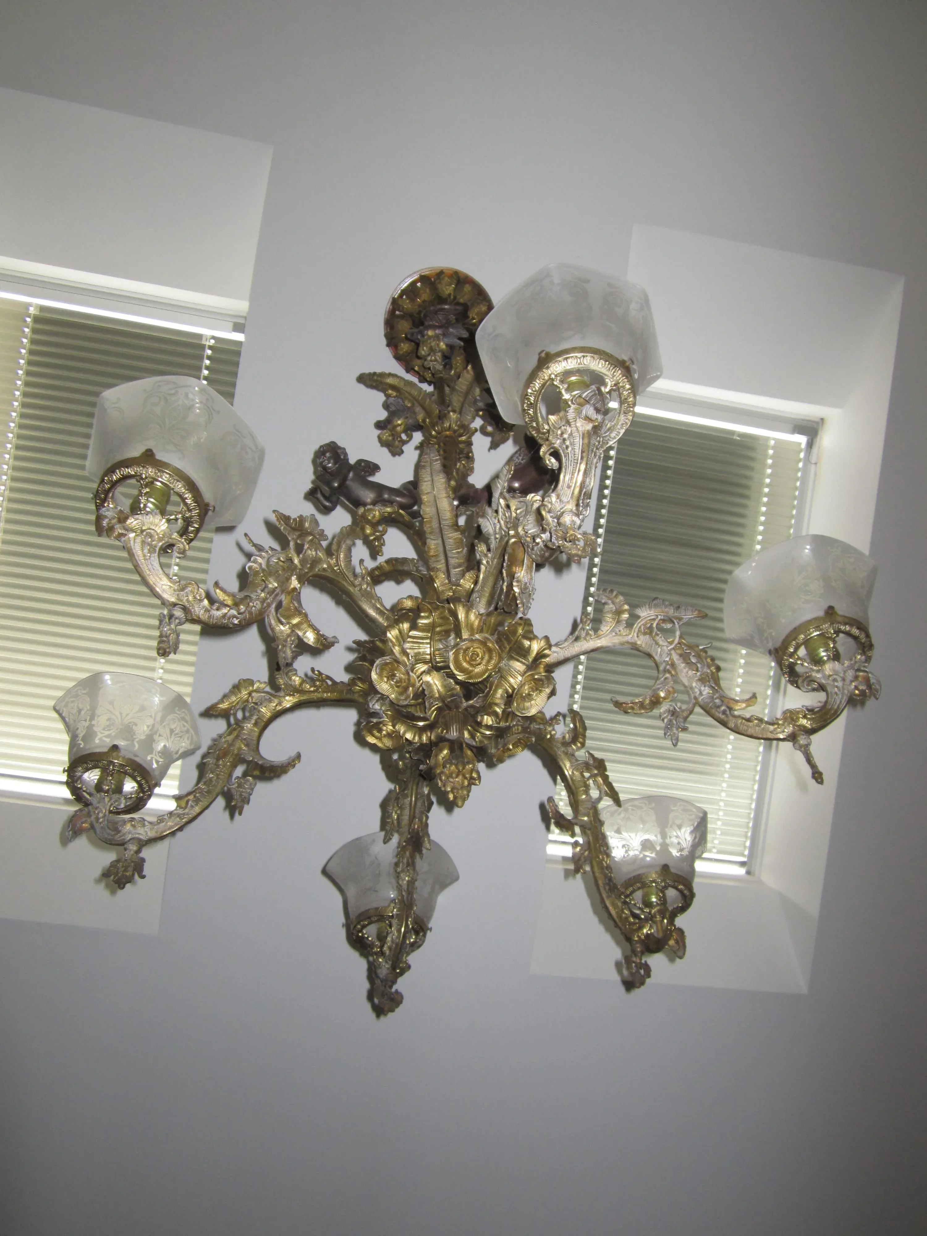 1840s Large American Gilt Bronze Six Arm Gasolier by Cornelius