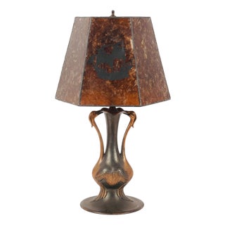 Vintage Art Nouveau Crane Lamp With a Nautical Sailing Ship Mica Shade For Sale