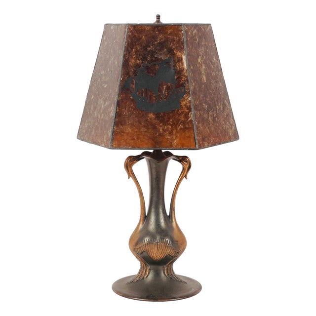 Vintage Art Nouveau Crane Lamp With a Nautical Sailing Ship Mica Shade For Sale