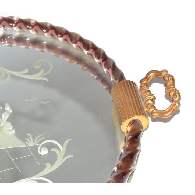 1950s Round Venetian Etched Rope Burgundy Art Glass Mirrored Tray Bronze Handles For Sale - Image 14 of 18