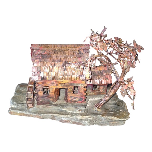 Vintage Mid-Century Brutalist Torch-Cut Copper Cabin & Tree Sculpture by Nick Stan For Sale