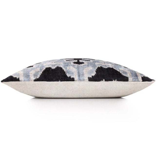 Mid-Century Modern Light Blue Black Silk Velvet Pillow – 20x20 Handmade Ikat Throw Cushion For Sale - Image 3 of 8