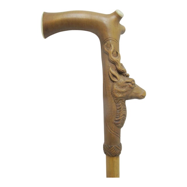 Deer Stag Head Carved Wood Handle Vintage Walking Stick Cane For Sale