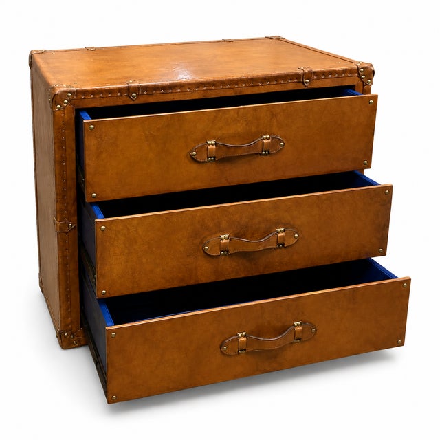 Luxury Tan Leather 3 Drawer Console, Handmade Leather Chest of Drawers, Vintage Trunk Style Nightstand, Brass Studded Storage Cabinet For Sale - Image 9 of 12
