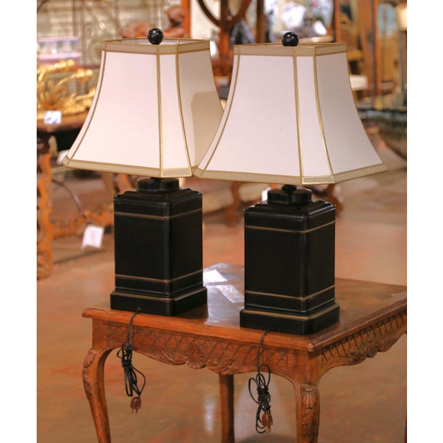 Pair of 19th C. English Victorian Black Tole Lamps With Classical Medallions For Sale - Image 10 of 11