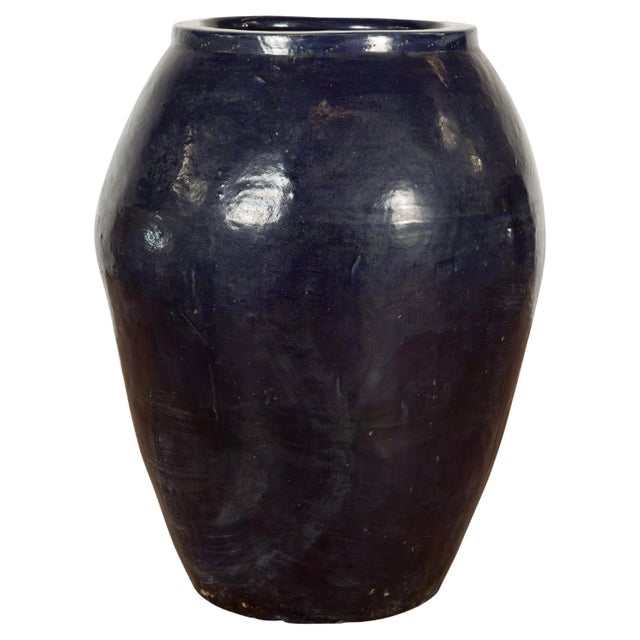 Oversized Vintage Thai Midnight Blue Glazed Water Vessel with Tapering Lines For Sale - Image 13 of 13
