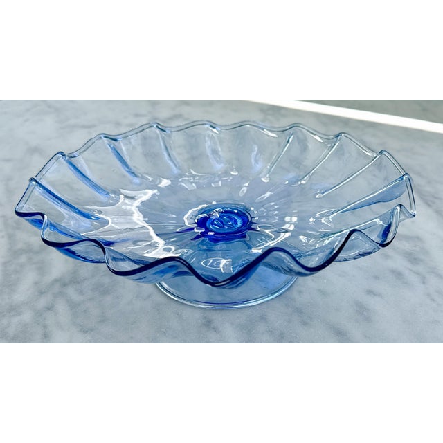 Murano Mid-Century Hand Blown Blue Pedestal Bowl For Sale - Image 4 of 6
