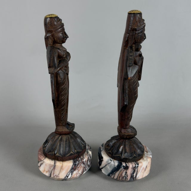 Artigianale, Ancient Asian Statues Deities, 20th Century, Carved Wood and Marble, Set of 2 For Sale - Image 3 of 11