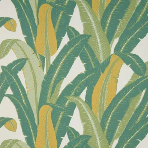 Schumacher Tropical Isle Fabric in Green on Ivory