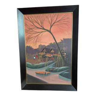 1967 Original Oil on Canvas Painting by Thai Modernist Sanong Sriboon Framed For Sale