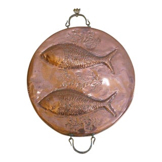 Oversized Vintage Copper Fish Mold Wall Hanging With Brass Handles For Sale