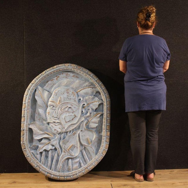 Bas-Relief Sculpture of Stylized Face with Flowers, 20th Century, Wood For Sale - Image 10 of 12