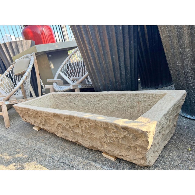 2020s Large Rustic Chiseled Stone Trough Outdoor Planter For Sale - Image 5 of 5