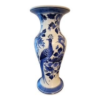 Vintage Delft Peacock and Floral Baluster Vase For Sale