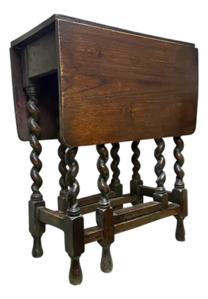 19th-C. English Barley Twist Petite Gate Leg Drop Leaf Oak Side Table