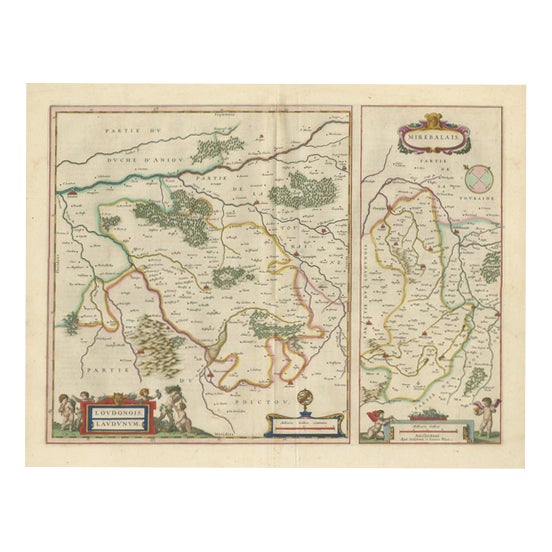 Antique Blaeu Map of the Loudunois, Anjou and the Mirebalais, 1642 For Sale