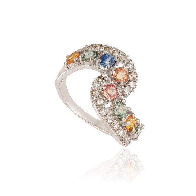 925 Sterling Silver Open Wrap Ring With Multi-Sapphires & Diamonds, Size 6 For Sale - Image 6 of 15
