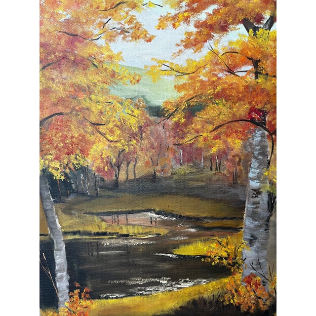 Vintage Autumn Birch Trees & Winding Creek Landscape Painting in Dark Wood Frame For Sale - Image 4 of 6