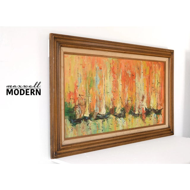 Stunning large panoramic mid century seascape with bold colors depicting sailboats at a harbor. There are abstract details...