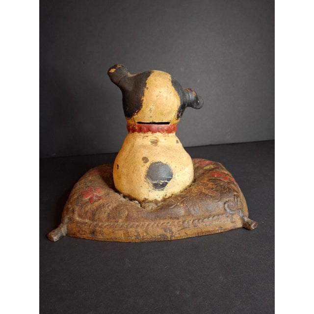 Antique Hubley Cast Iron Fido on Pillow Still Penny Bank, Original Paint C. 1920s For Sale - Image 9 of 17