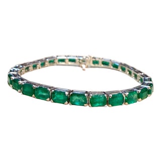 25 Ct Natural Emerald Cut Emerald Cocktail Tennis Bracelet 14 Kt White Gold 7.5" For Sale