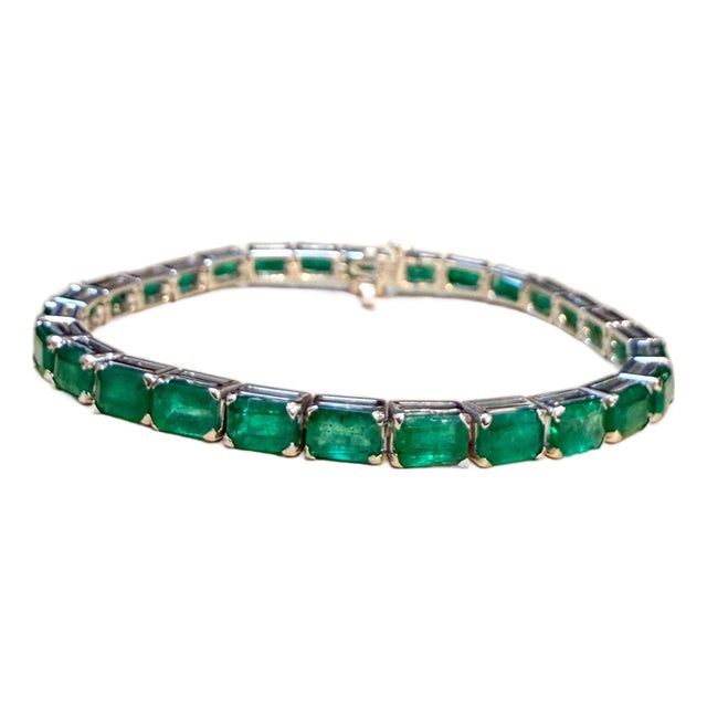 25 Ct Natural Emerald Cut Emerald Cocktail Tennis Bracelet 14 Kt White Gold 7.5" For Sale