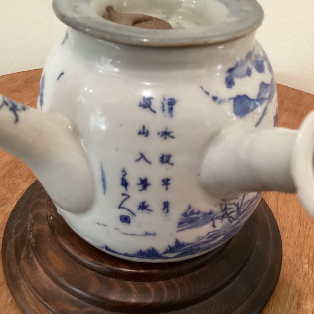Antique Japanese Kyushu Side-Handle Porcelain Teapot/ Shanshui Scene and Calligraphy Surguch Stamp Wood Base For Sale In Chicago - Image 6 of 12