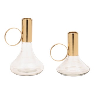 Modern Metal Taper Candle Holder with Glass Base (Set of 2) For Sale
